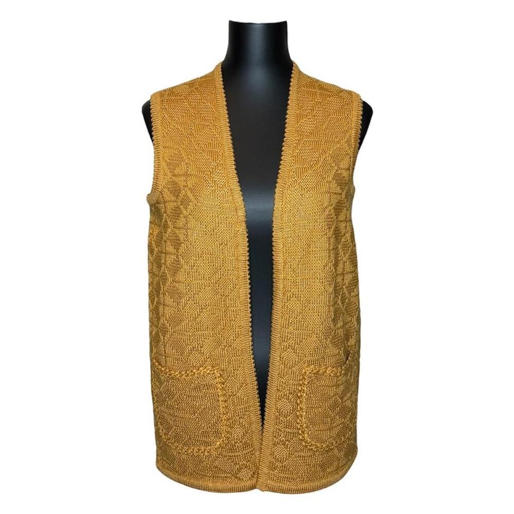 Vintage yellow open knitted cardigan with pockets, womens size M